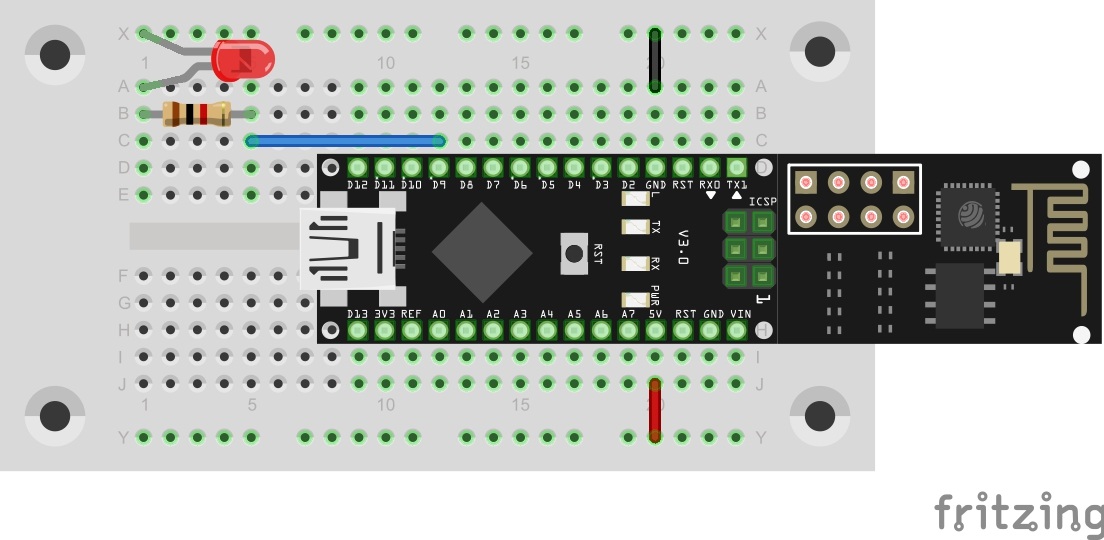 Der heutige Versuchsaufbau mit einer LED an Pin D9