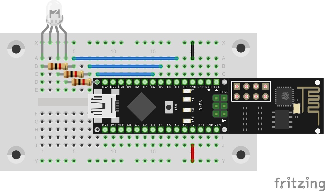 Die RGB-Led auf dem Steckboard an den Pins D3, D5 und D6